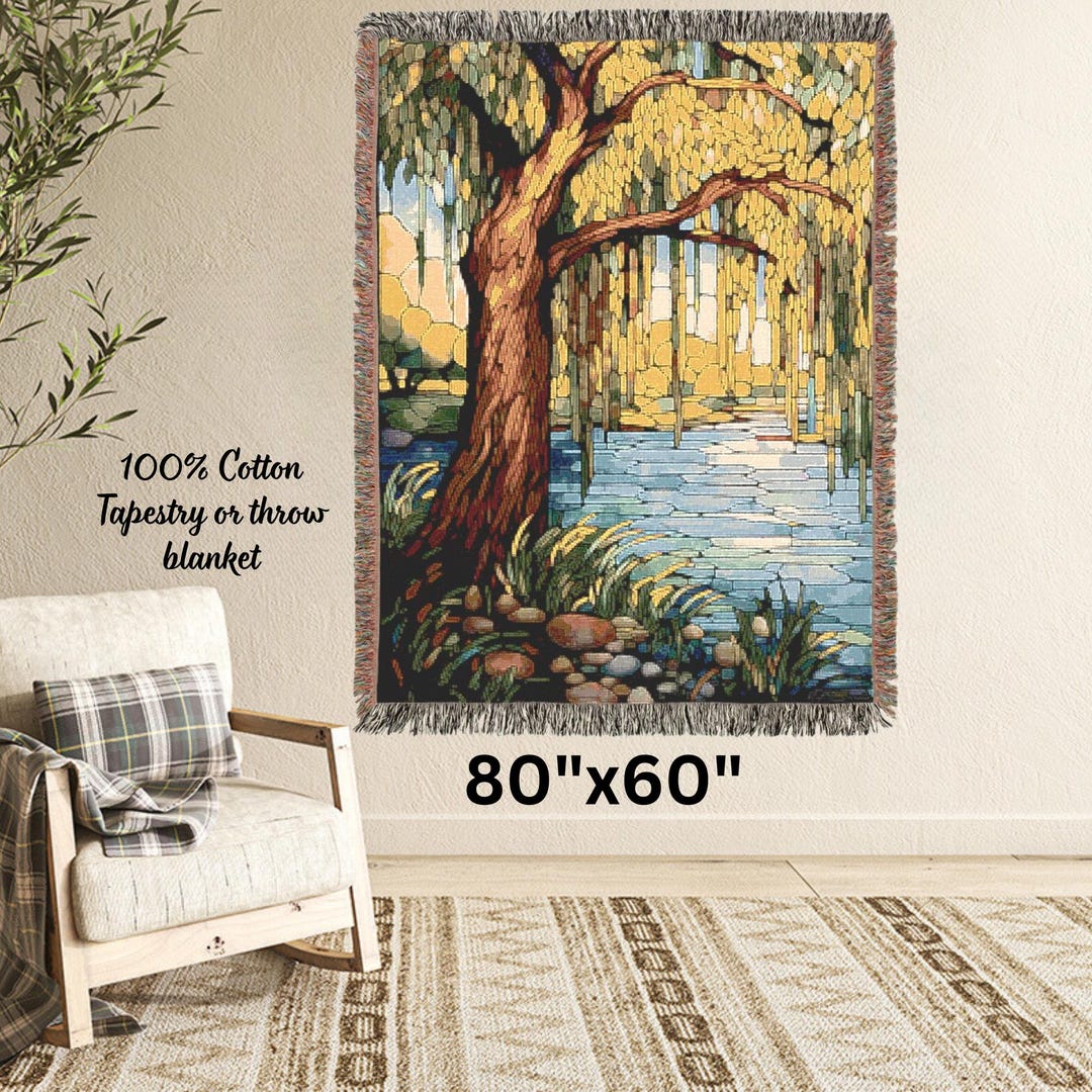 Willow Tree Woven Blanket 100% Cotton Artsy Cozy Stained Glass Look ...