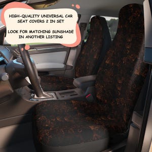 May include: Car seat covers with a brown and black marble design. The image shows the covers fitted in a car. Text on the image reads: "HIGH-QUALITY UNIVERSAL CAR SEAT COVERS 2 IN SET LOOK FOR MATCHING SUNSHADE IN ANOTHER LISTING."