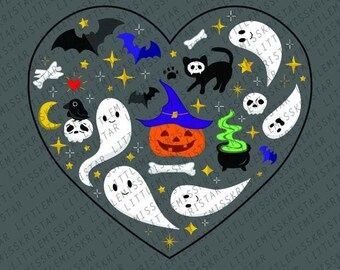 May include: A heart-shaped design filled with Halloween-themed illustrations, including ghosts, bats, a black cat, a pumpkin, a cauldron, bones, stars, and skulls. The background is a dark gray color.