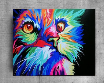 Pintura del gato, arte original, gatito colorido, arte del arco iris de la guardería, decoración del arco iris, arte de la pared del gato, pintura del animal doméstico, arte de la pared de la sala de estar, arte del gato