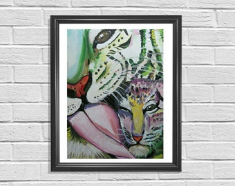 Tiger Painting, Mommy and Baby Tiger, Mommy and Baby Art, Nursery Wall Decor, Safari Animal Art, Safari Nursery Painting, Jungle Room Decor