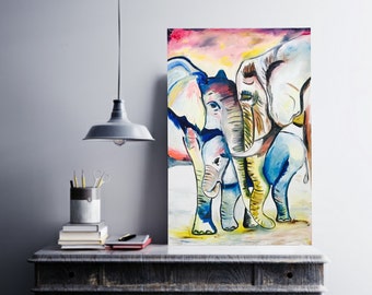 Elephant Family, Baby Boy Nursery Art, Elephant Painting, Elephant Art, Family Painting, Safari Art, Elephant Family Art, Living Room Art