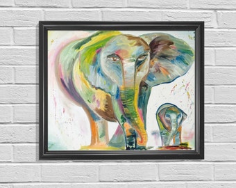 Arte del vivero del elefante, decoración de la pared del hogar, pintura del elefante, pintura animal, pintura de la familia del elefante, pintura del elefante, arte del niño del niño del bebé arte