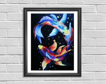 Koi pintura, Koi Fish Art, Koi Decor, Pintura de pescado, Feng Shui Decoración, Arte animal, Pescado de agua fresca, Arte de la guardería, Arte de la sala de estar, Original