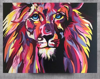 Lion Painting, Colorful Lion Art, Lions Decor, Lioness Art, Safari Decor, Original Painting, Large Lion Painting, Large Canvas Art, Acrylic