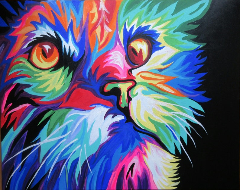 Cat Painting, Original Art, Colorful Kitty, Nursery Rainbow Art