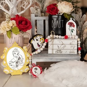 Beauty and the Beast Tiered Tray Decor,  Enchanted Rose Disney Home Table Decorations