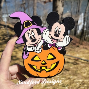 Mickey and Minnie Jack-o-Lantern Tiered Tray Decor - Magical Halloween Wood Pumpkins