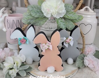 Farmhouse Distressed Bunny Decor -  Spring Tiered Tray Signs -  - Wood Bunnies