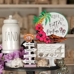 Beach Tiered Tray Decor - Life is better in Flip Flops Wood Sign - Coastal Home Accents