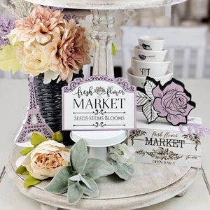 Vintage Flower Market Sign - Elegant Floral Decor for Home or Office- Spring Decor Set with Rose Accents - Mother's Day Gift Idea