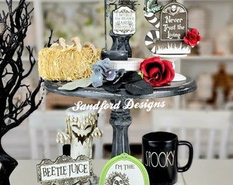 Spooky Beetlejuice Halloween Tiered Tray Decor -  Tim Burton Never Trust Tray Decor