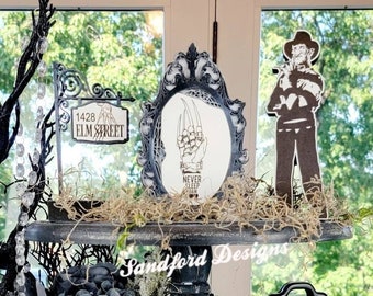Creepy Freddy Krueger Halloween Set - Elm Street Sign, Horror movie Halloween Decor