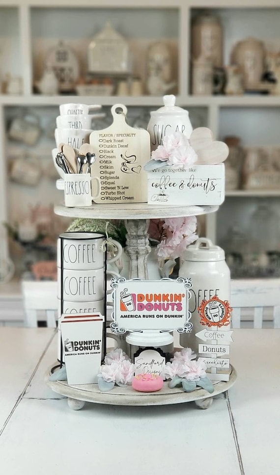 Vintage Dunkin Donuts Coffee Decorations - Farmhouse Coffee Tiered Tray Decor, Home Decor