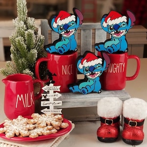 Stitch Santa Tiered Tray Decor, Disney Lilo and Stitch Decor, Christmas wood Decor