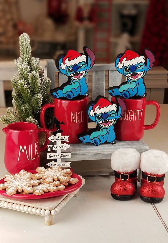 Stitch Santa Tiered Tray Decor, Disney Lilo and Stitch Decor, Christmas wood Decor