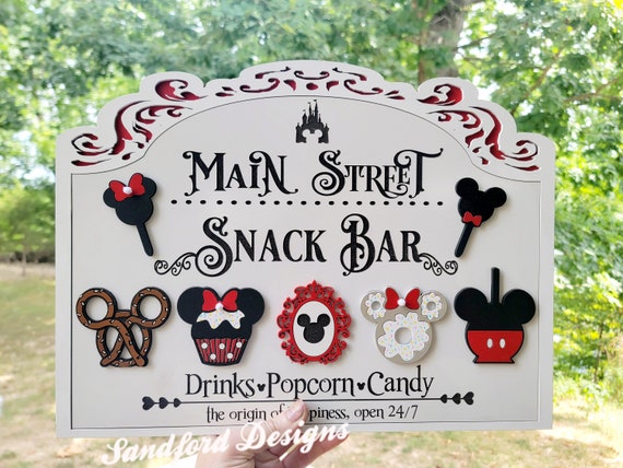 Disney Main Street Snack bar sign - Disney kitchen Decor - 3d Wood Sign - Mickey Pretzel