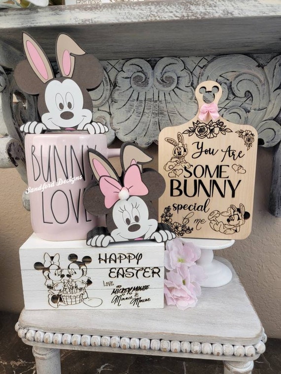 Easter Mickey and Minnie bunny shelf sitters  -  Disney Easter Bunnies peeking pals tiered tray