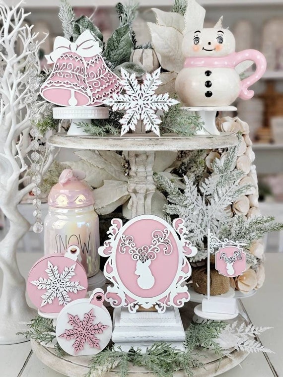 Pastel Pink Christmas Tiered Tray Decor - Reindeer, Snowflake Decorations - 3d Wood Signs