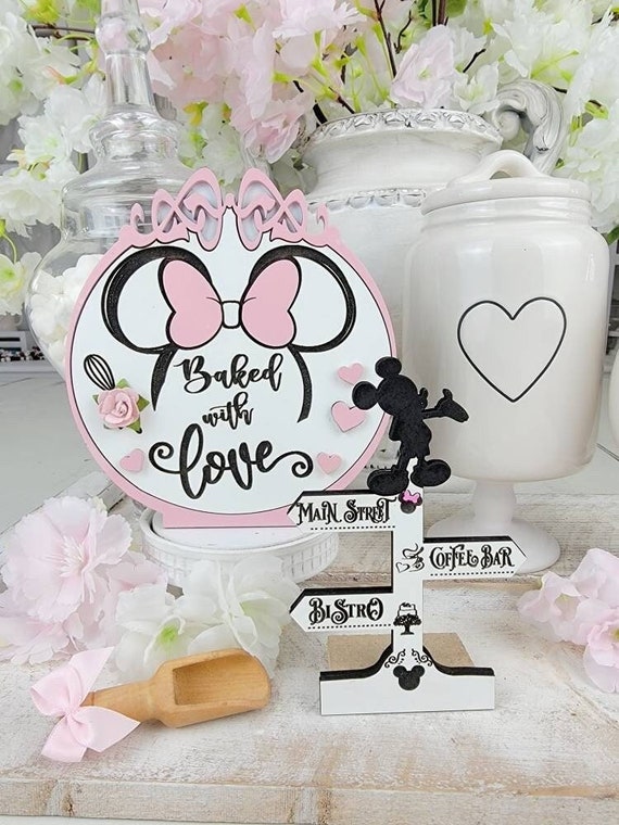 Minnie Bakery Kitchen Tiered Tray Decor, Baked With Love Mickey Coffee Table Decorations