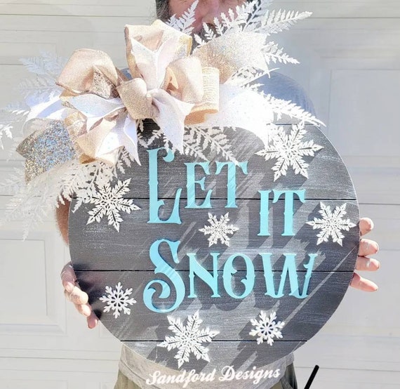 Let it Snow Wooden Door Hanger - Christmas Decor and Snowman Wreath - 3d Wood Sign