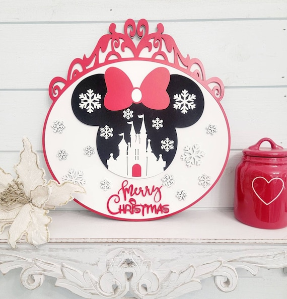 Minnie Mouse Christmas Door Hanger, Front Door Sign, Disney Pink Christmas - 3d Wood Sign