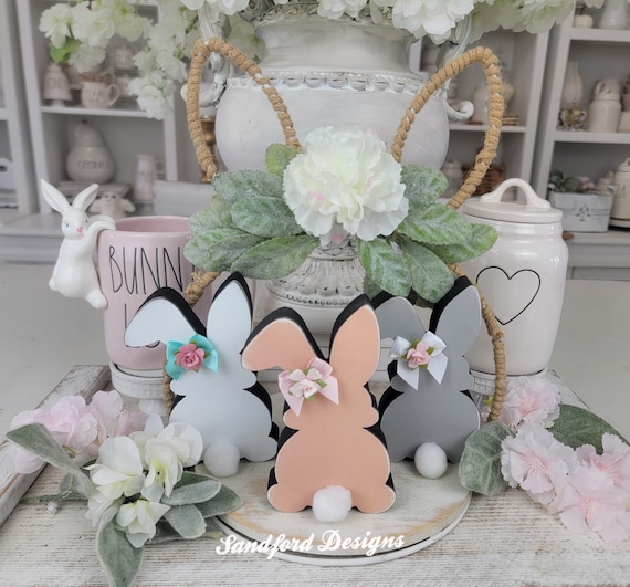 Farmhouse Bunny Decor - Bunny and carrot Tiered Tray Signs -  Spring Decorations - Wood Bunnies