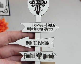 Welcome Foolish Mortals Halloween Decor 6x4 inch Standing Wood Sign Tiered Tray Disney’s Haunted Mansion Inspired