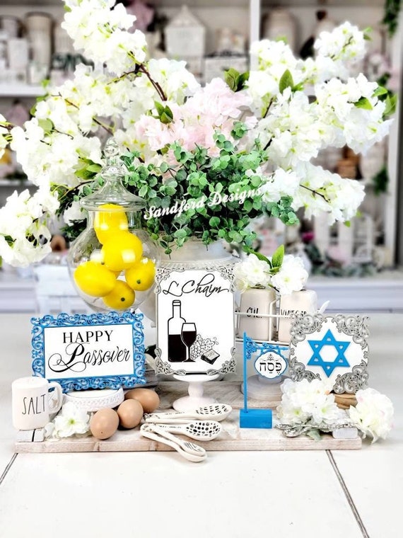 Jewish Holiday Tiered Tray Decor - Passover Signs, Happy Hanukkah Decor, Star of David Decorations