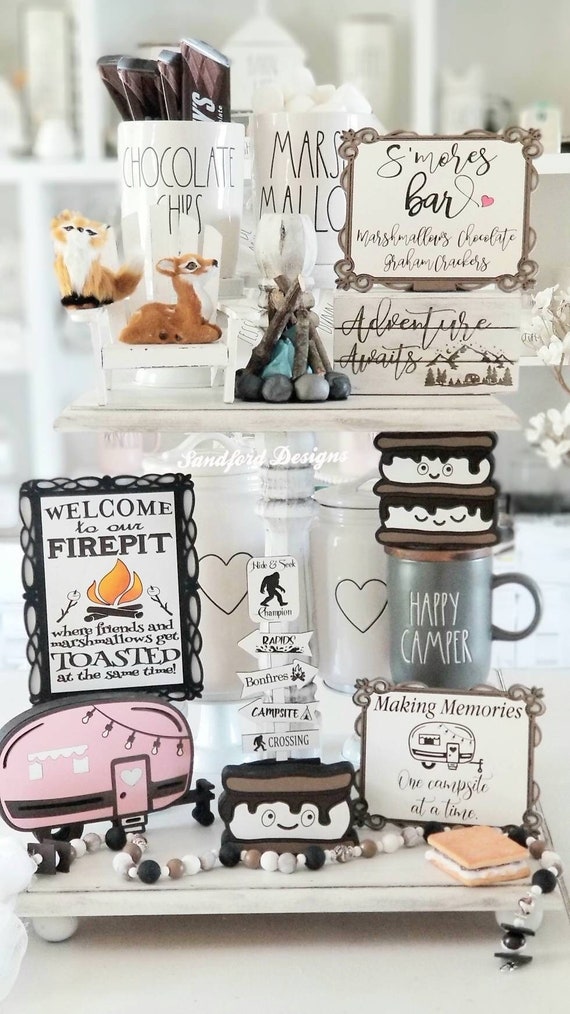Happy Camper Tiered Tray Decorations - Adventure awaits, Yummy S'mores Menu, Bigfoot Signs