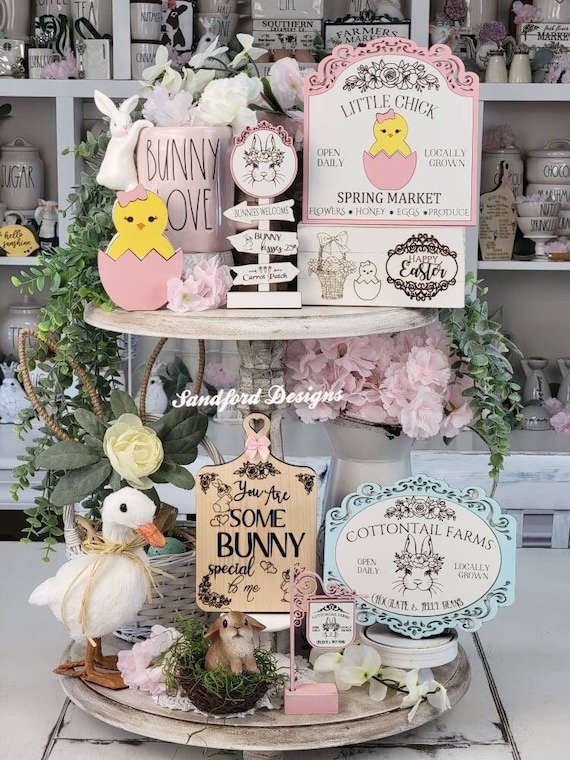 Farmhouse Easter Bunny Tiered Tray Decor - Baby Chick Sign - Easter Table Decorations