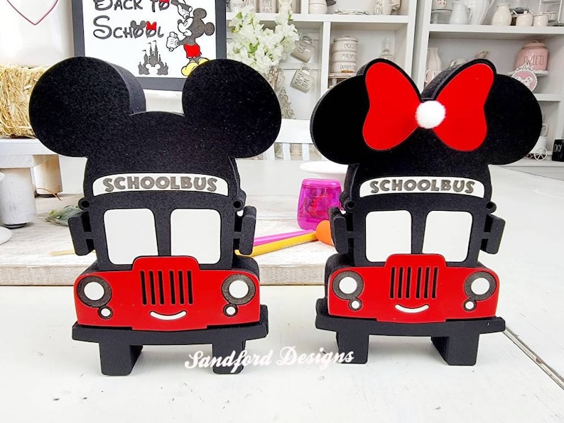 Red Bus Mouse Mickey and Minnie School Bus Wood Sign – Disney Teacher Gift, Tiered ...