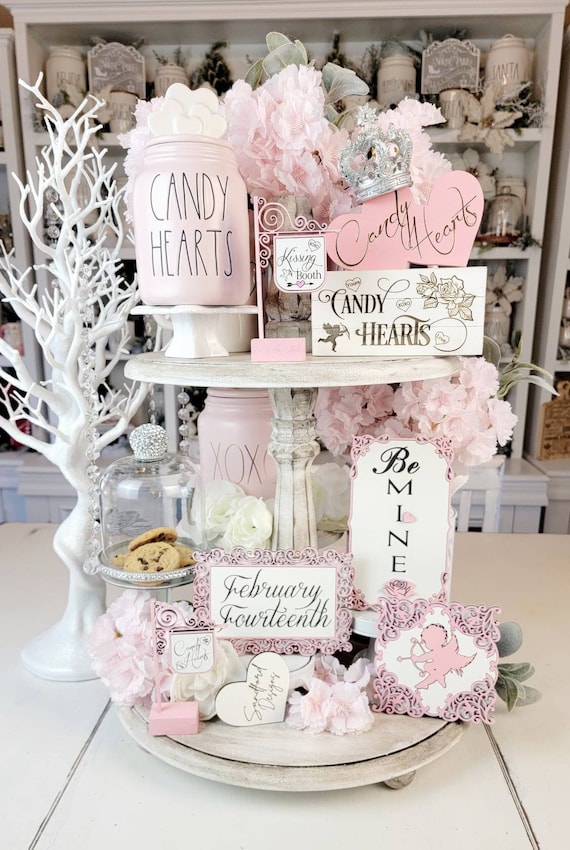 Valentine Day Pink Decor Bundle - Cupid tier tray set - Be Mine Valentine Signs  Candy hearts decor