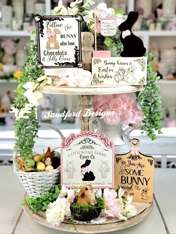 Easter Farmhouse Decorations - Pink Easter Bunny Decor - Bunny Kisses tray decor - Chocolate Bunnies - Carrot Decorations