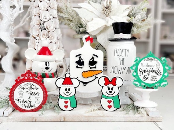 Mickey and Minnie cute Snowmen Decorations - Disney Snowmen Tiered Tray Decor - Snowmen Decor
