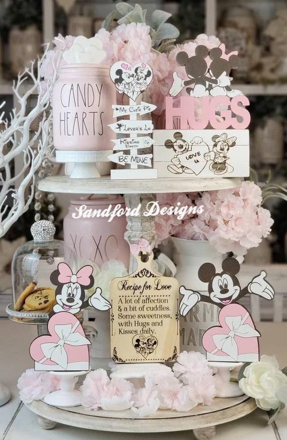 Mickey and Minnie Valentine Tiered Tray Decor - Valentine's Day Decor - Disney Conversation hearts