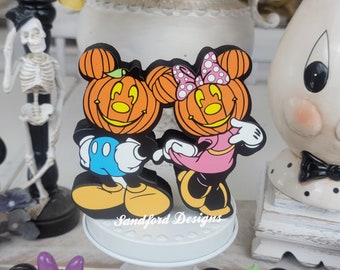 Mickey and Minnie Dancing Pumpkins Tiered Tray Decorations - Disney Halloween Wood Decor
