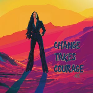 Puede incluir: Ilustración de una persona con traje negro en un paisaje colorido. La imagen presenta el texto "CHANGE TAKES COURAGE" y "-AOC" en una fuente estilizada. El fondo tiene tonos de naranja, rojo y morado.