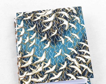 Carnet de note, A5, papier japonais traditionnel, washi, grues bleues, reliure souples, pages unies ivoire, fait main