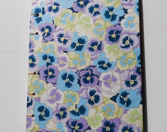 A5 notebook, traditional Japanese paper, washi, blue and purple pansies, flexible binding with beige waxed linen thread, sewn notebooks