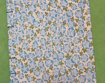 A5 notebook, traditional Japanese paper, washi, blue &quot;belles de jour&quot; flowers, soft blue waxed linen thread binding, sewn notebooks