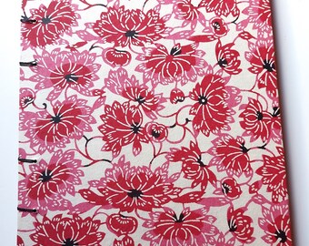 A5 notebook, traditional Japanese paper, washi, fuchsia and pink lotus flowers, soft binding in black waxed linen thread, sewn notebooks