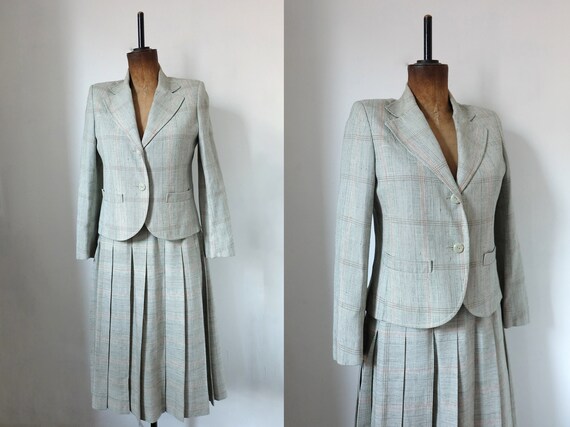 Vintage 70s Grey Plaid Skirt and Blazer Two-Piece