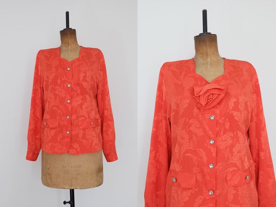 Vintage 80s Orange Floral Blouse
