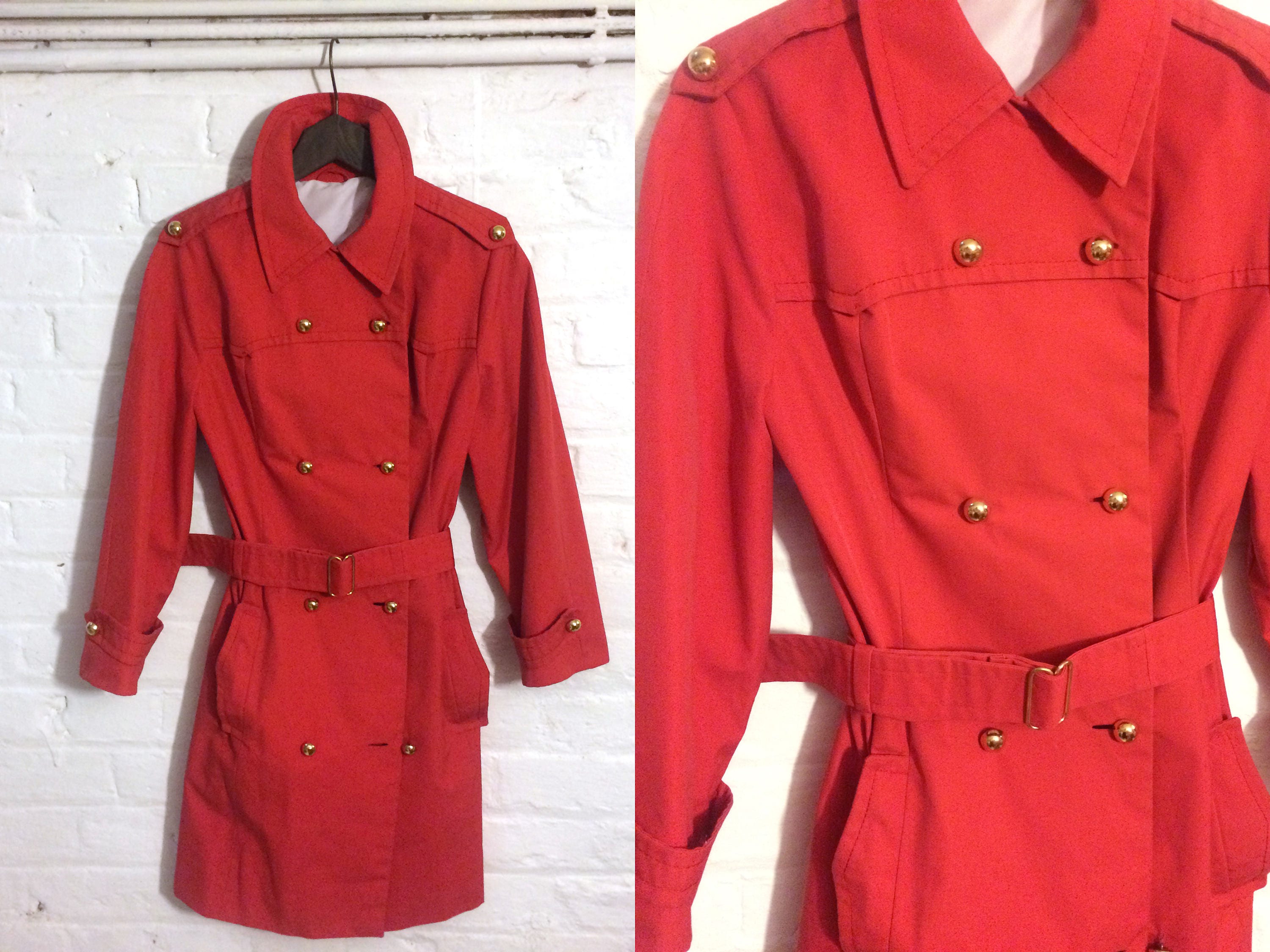 Image of S Original Ted Lapidus "Les Hits Lapidus" Red Trench Coat Mac - Small Size Uk  Eu  Us  Sixties Mod Retro
