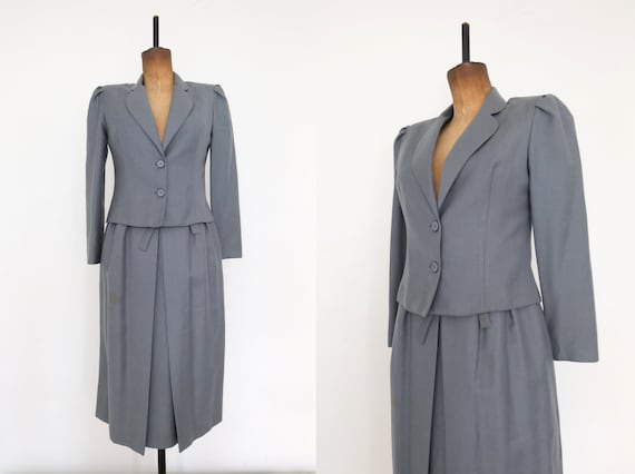Vintage 70s Blue Grey Blazer and Skirt Suit Two Pi