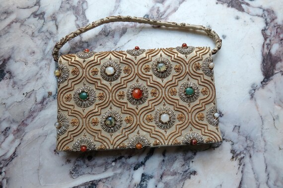 Vintage 60s Gold Satin Beaded and Embroidered Bag