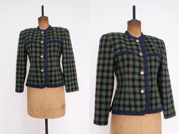 Vintage 80s Green, Blue and Pink Plaid Short Jacke