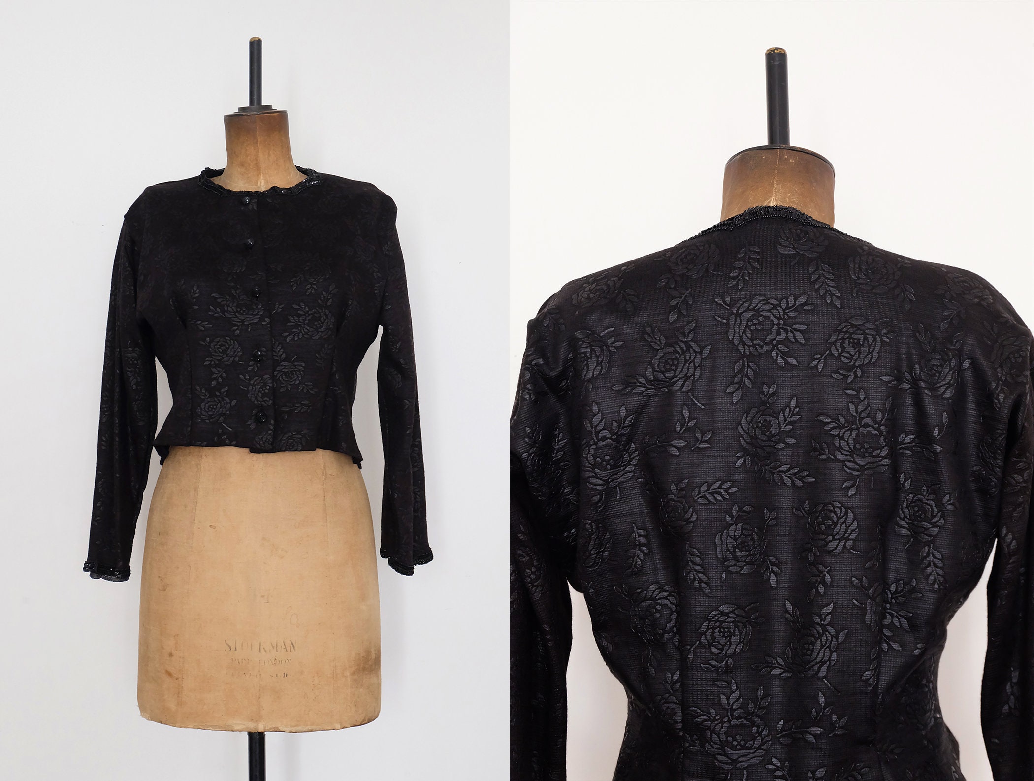 Image of Vintage S Black Floral Patterned Cropped Jacket