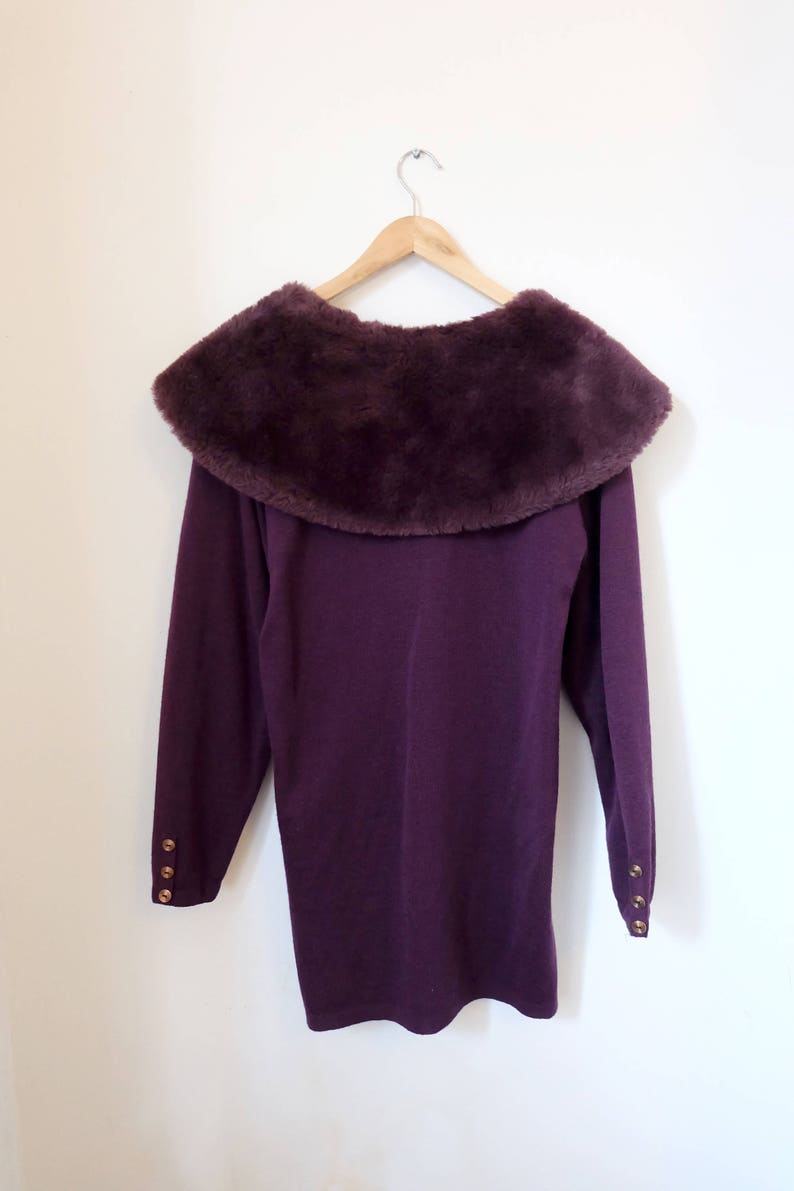 Small Medium Size 1970s vintage purple knit cardigan with wide faux fur collar Seventies Boho Bohemian Glam